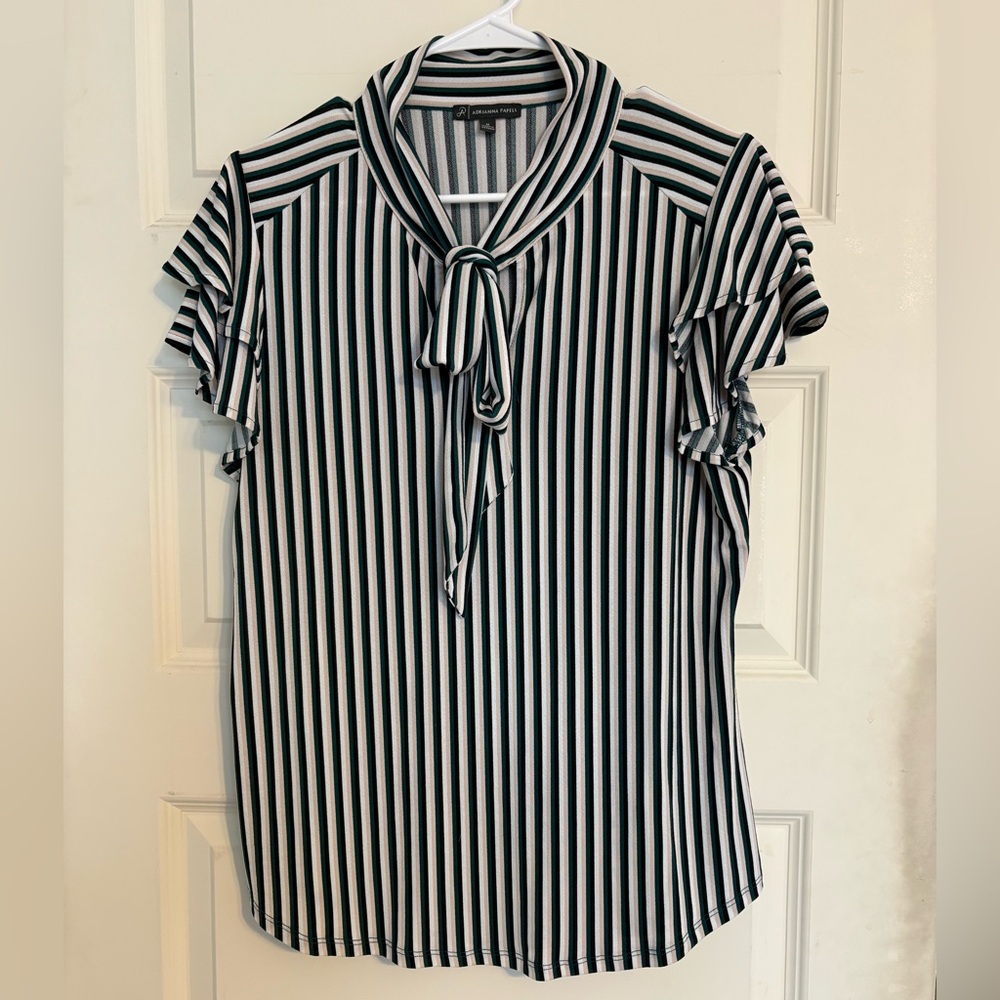 Adrianna Papell Striped Tie-Neck Short Sleeve Blouse